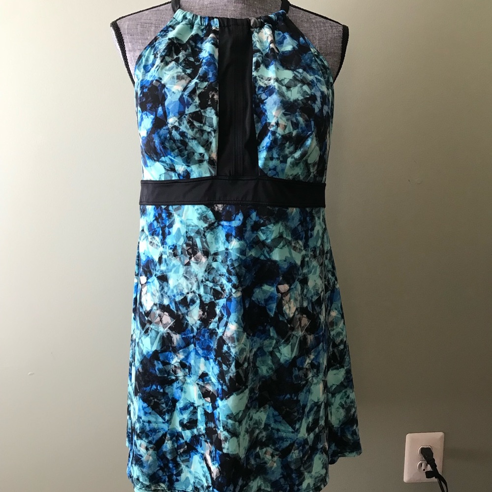 A Shore Fit Swimdress Swim Suit Abstract Pattern Blue Green Black White Size 20